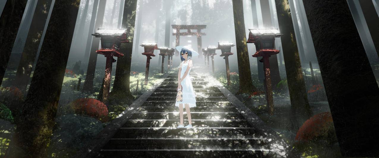 穿白色裙子女孩,台阶,夏天的森林风景3440x1440动漫壁纸