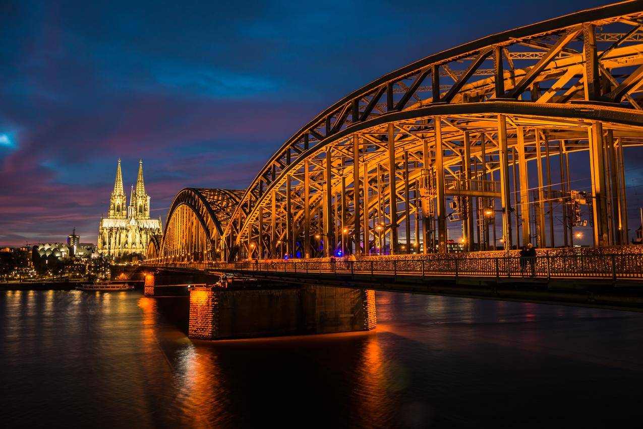 科隆,莱茵,晚上,桥,大教堂,5K风景壁纸