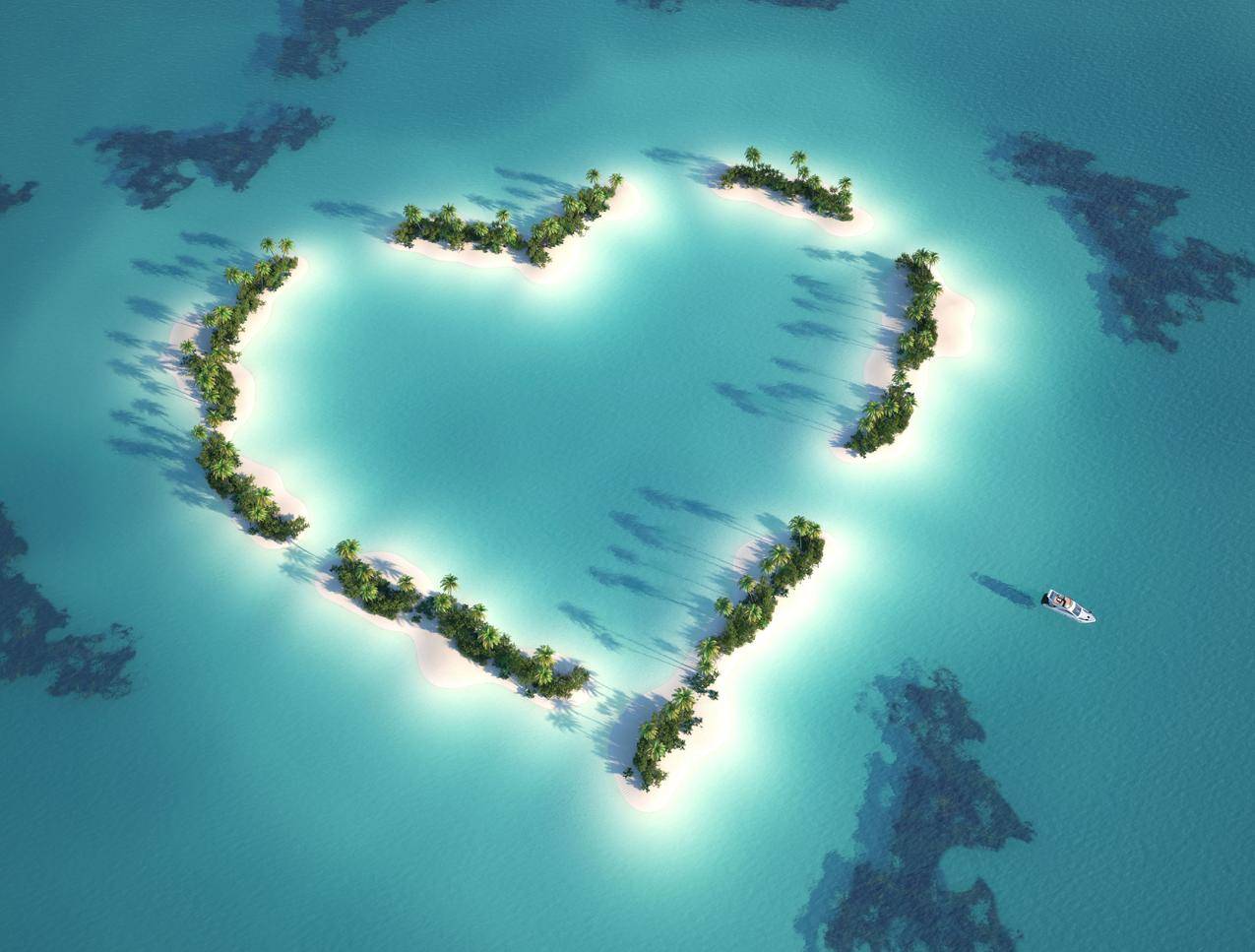 心形岛,爱心,浪漫海岛风景5K壁纸