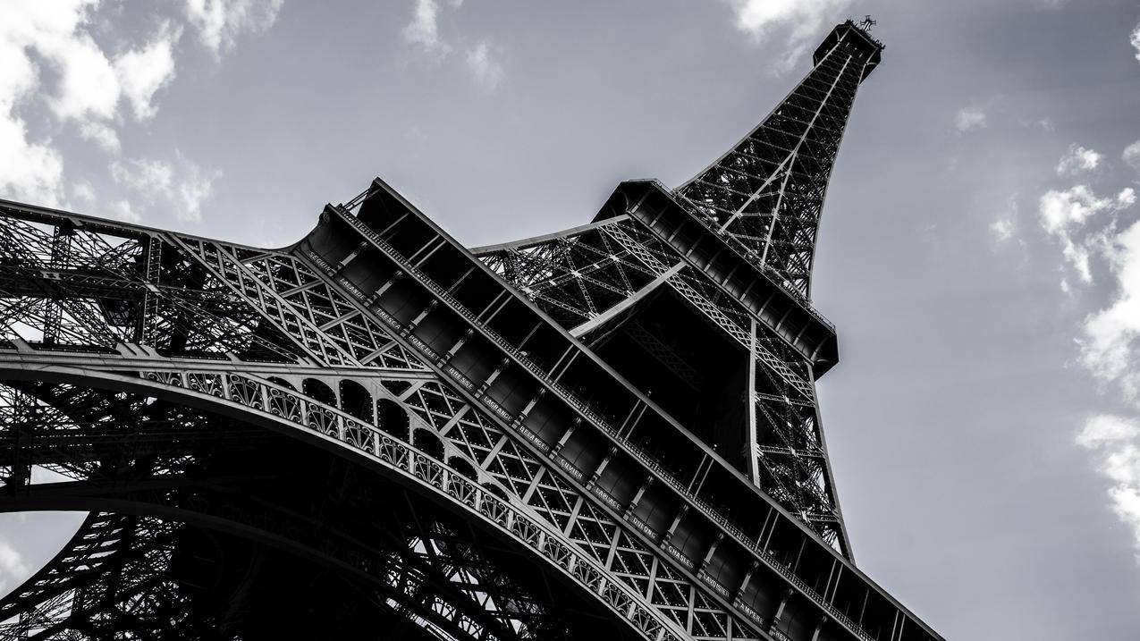 法国巴黎,建筑,黑白照片,埃菲尔铁塔4K壁纸