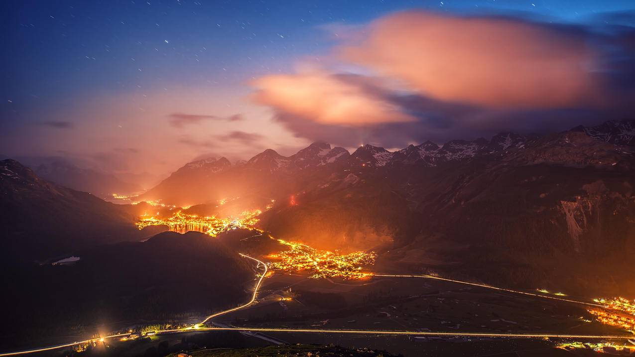 夜晚美景,瑞士圣莫里茨附近的山顶风景3840x2160壁纸