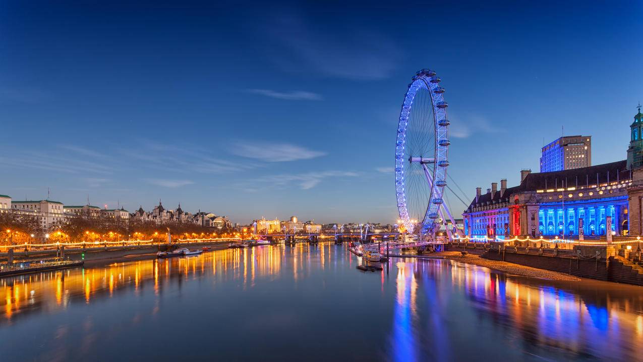 伦敦,暮光之城,摩天轮,晚上的风景4K壁纸