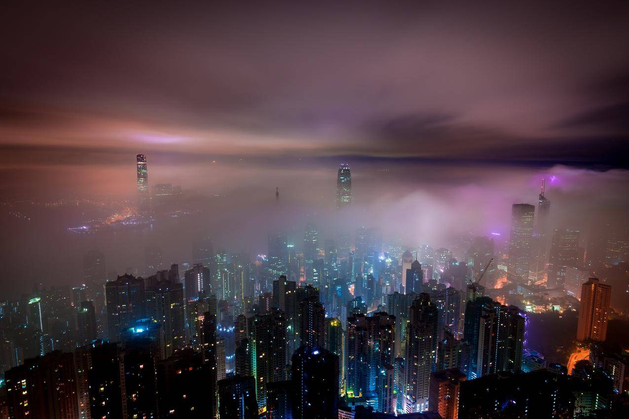 云海,霧,云,香港,金融,建筑,晚上,香港夜景5K风景壁纸