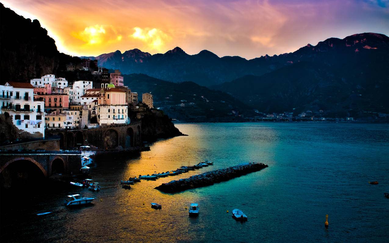 海,日落,意大利,阿马尔菲,第勒尼安海,4K风景壁纸