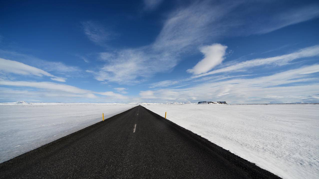 雪地,天空,道路风景,4K壁纸