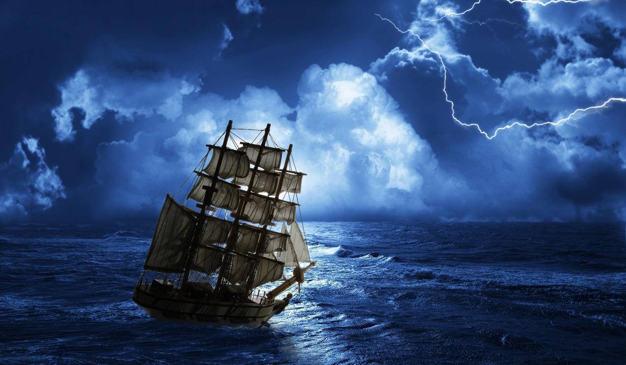 帆船,海浪,黑夜,闪电,雷声,4K风景壁纸
