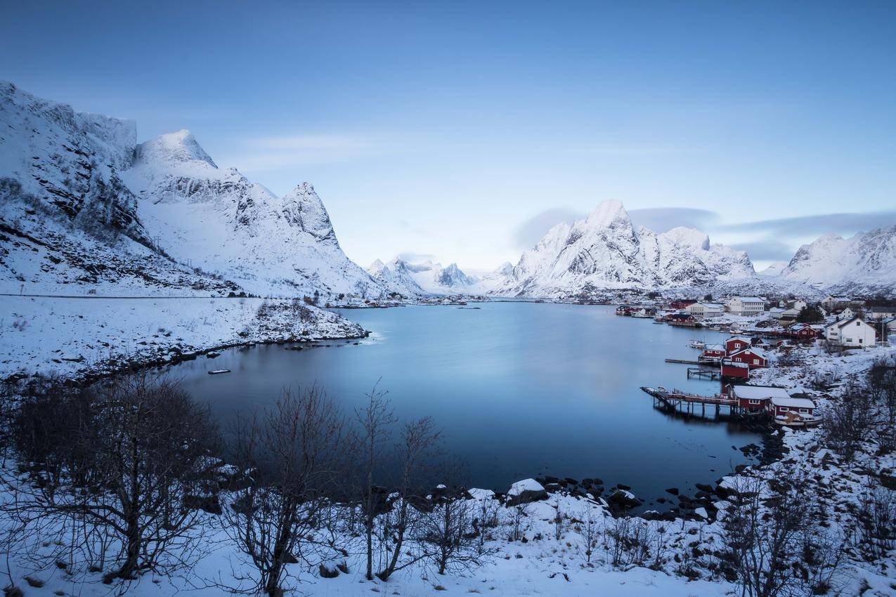 挪威,冬天,村,湖,天空,云,5K风景壁纸