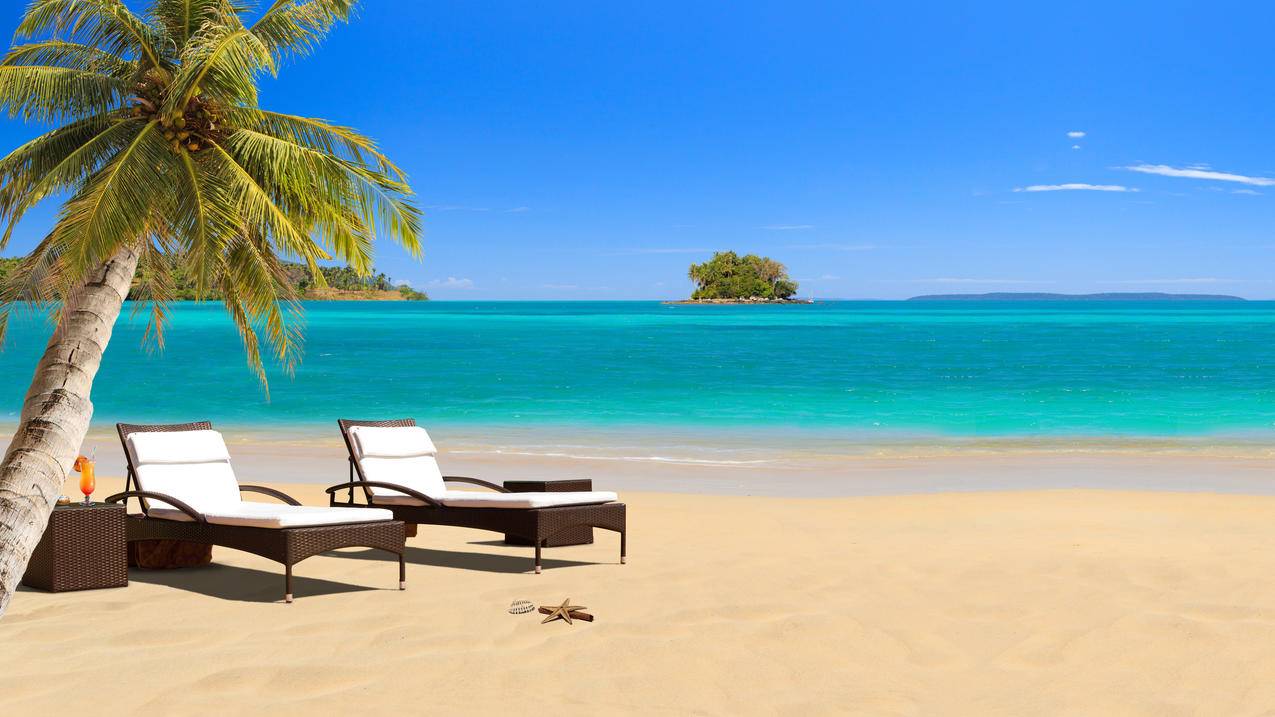 椰树,热带,海水,躺椅,4K风景壁纸