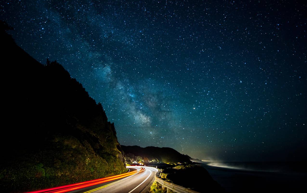 银河,道路,灯,路4K风景图片