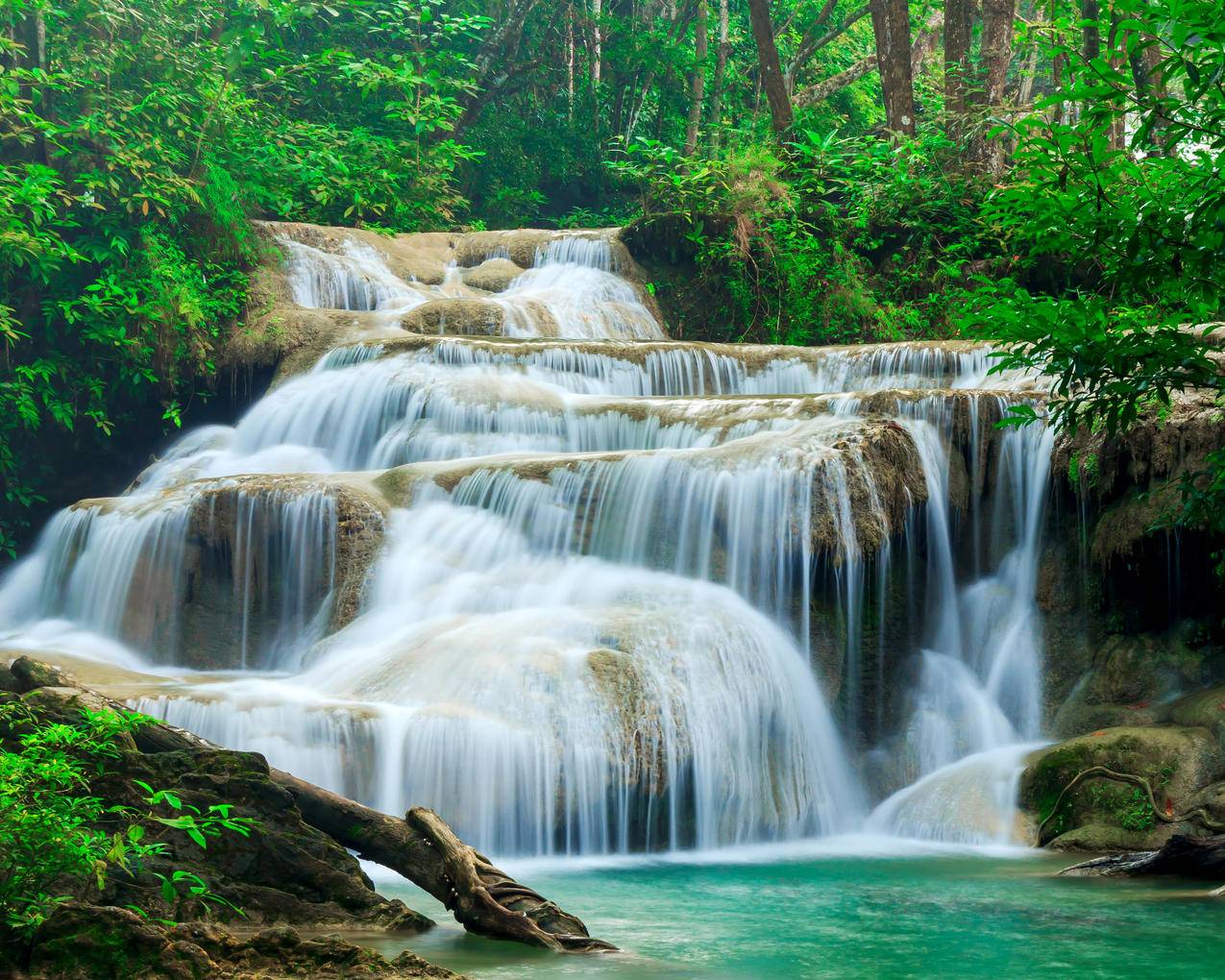 森林,溪流,瀑布,泰国,四面佛瀑布4K风景壁纸