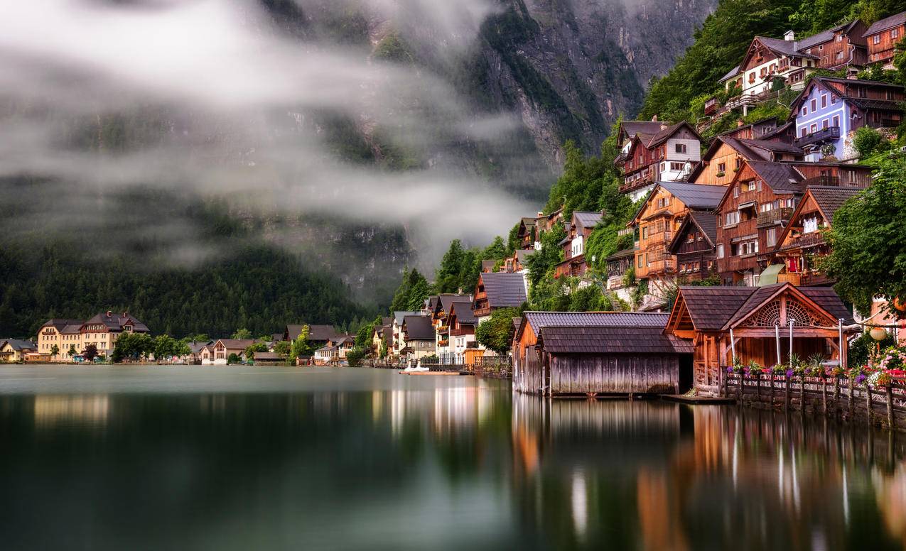 奥地利,房子,哈尔施塔特湖,4K风景壁纸