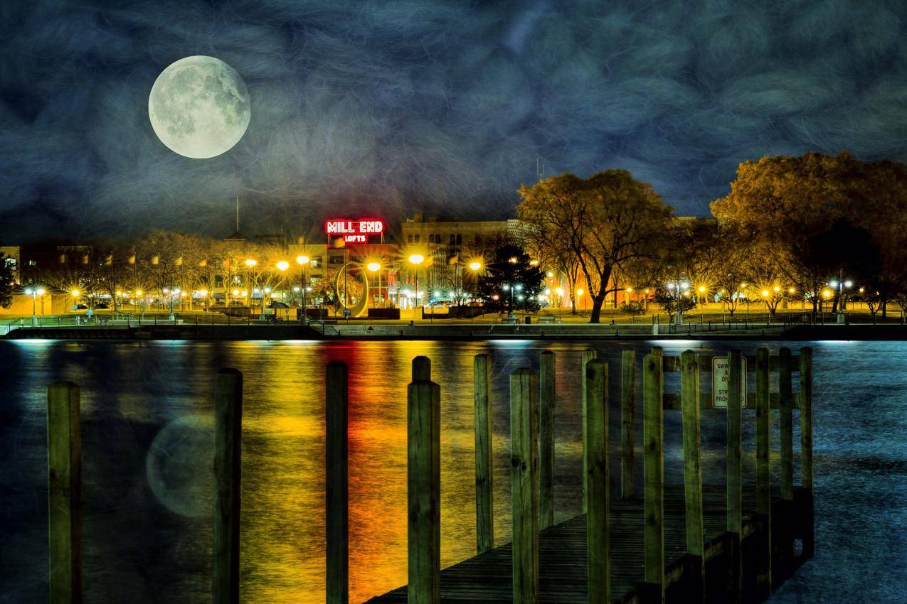 超级月亮,夜晚,城市,宁静,暮光之城,4K图片