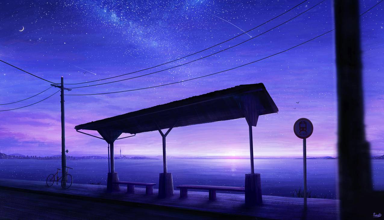 寂静站台,星空,夜晚,电线杆,单车,唯美意境4k高清动漫壁纸
