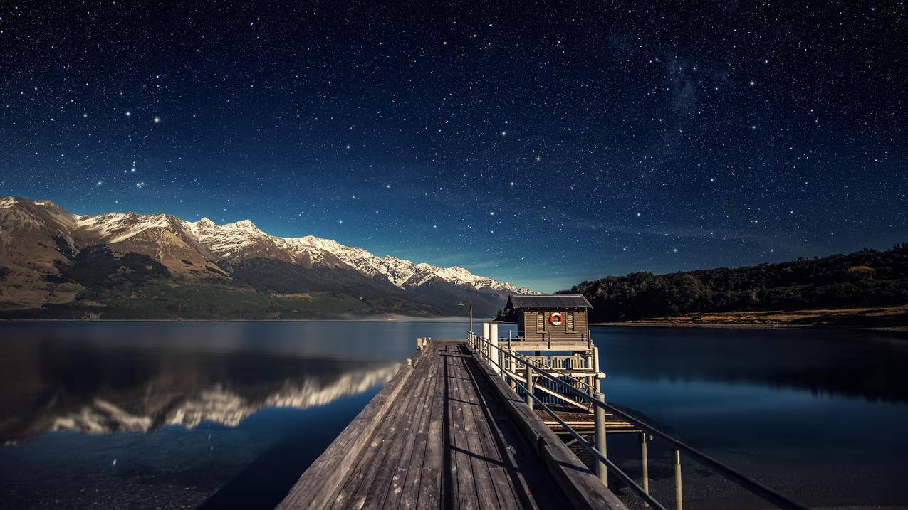 夜晚,月亮,新西兰瓦卡蒂普湖,星空,4K壁纸