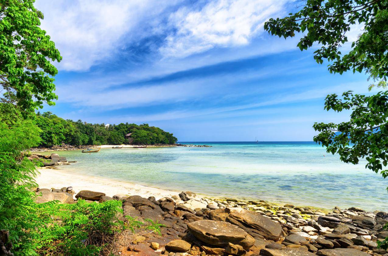 天空,船,大海,树木,泰国披披岛4K风景壁纸