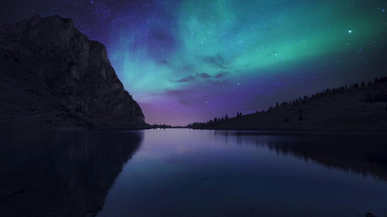 奥罗拉湖的夜晚,瑞士Bannalp湖,冰岛,极光,星空,4K壁纸