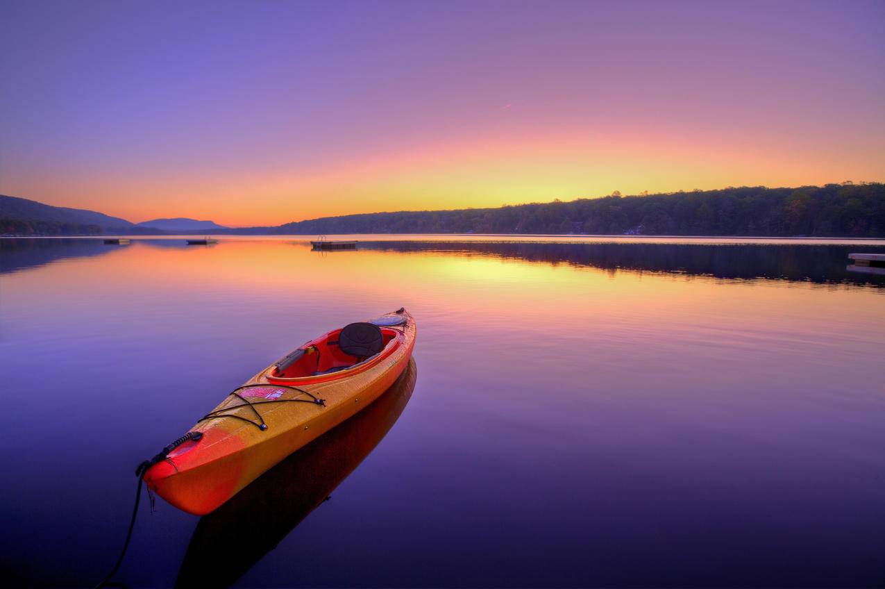日出,宁静,皮划艇,夏天,河,4K风景壁纸