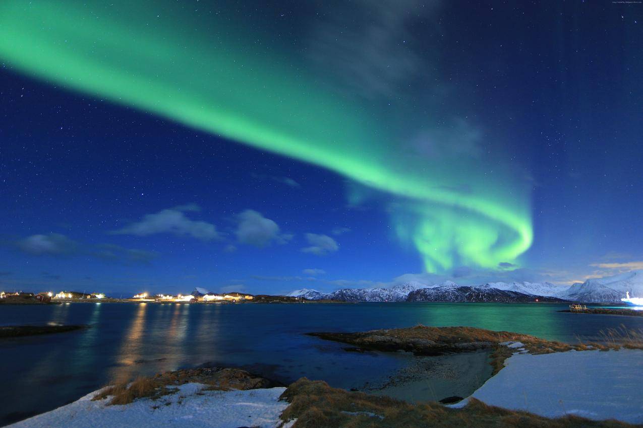 北极光,挪威湖,冬天自然风光,5k壁纸