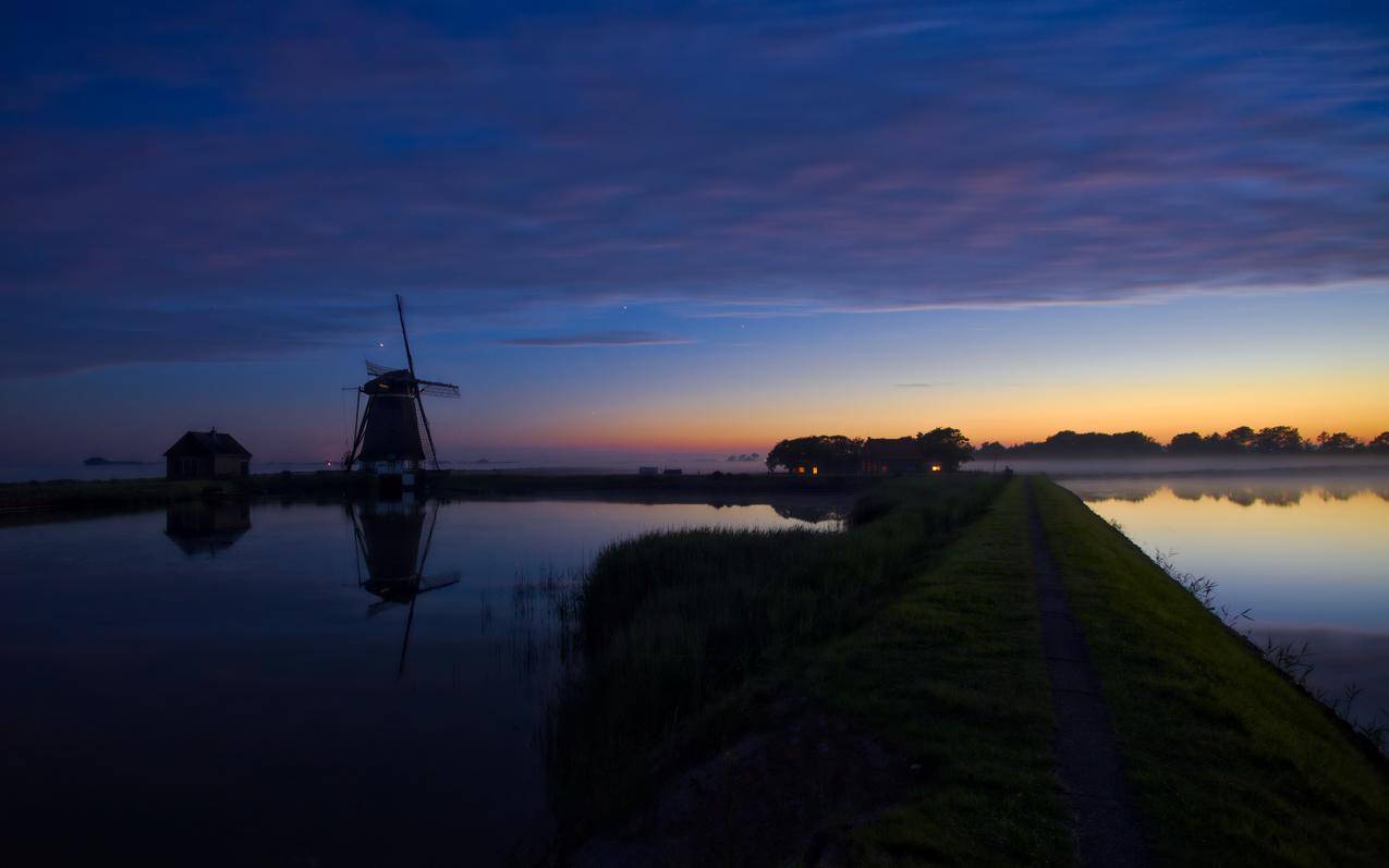 池塘,风车,特克塞尔,荷兰,夏季,5K风景图片