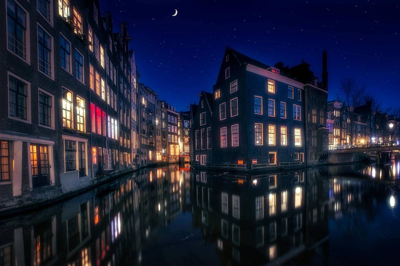 阿姆斯特丹,运河,荷兰,晚上,5K城市建筑风景壁纸