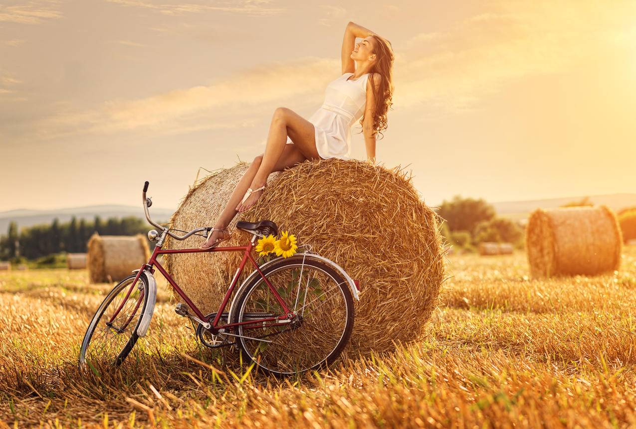 干草堆栈,女孩,单车,自行车,鲜花,干草堆上坐着的美女5K壁纸
