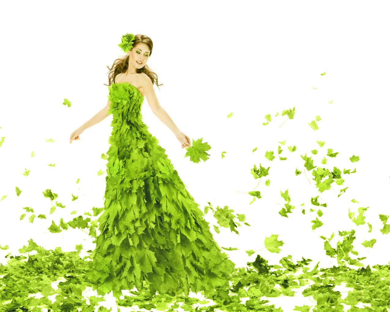 绿色,夏天,女人,枫叶,叶子,裙子,艺术,5K美女壁纸