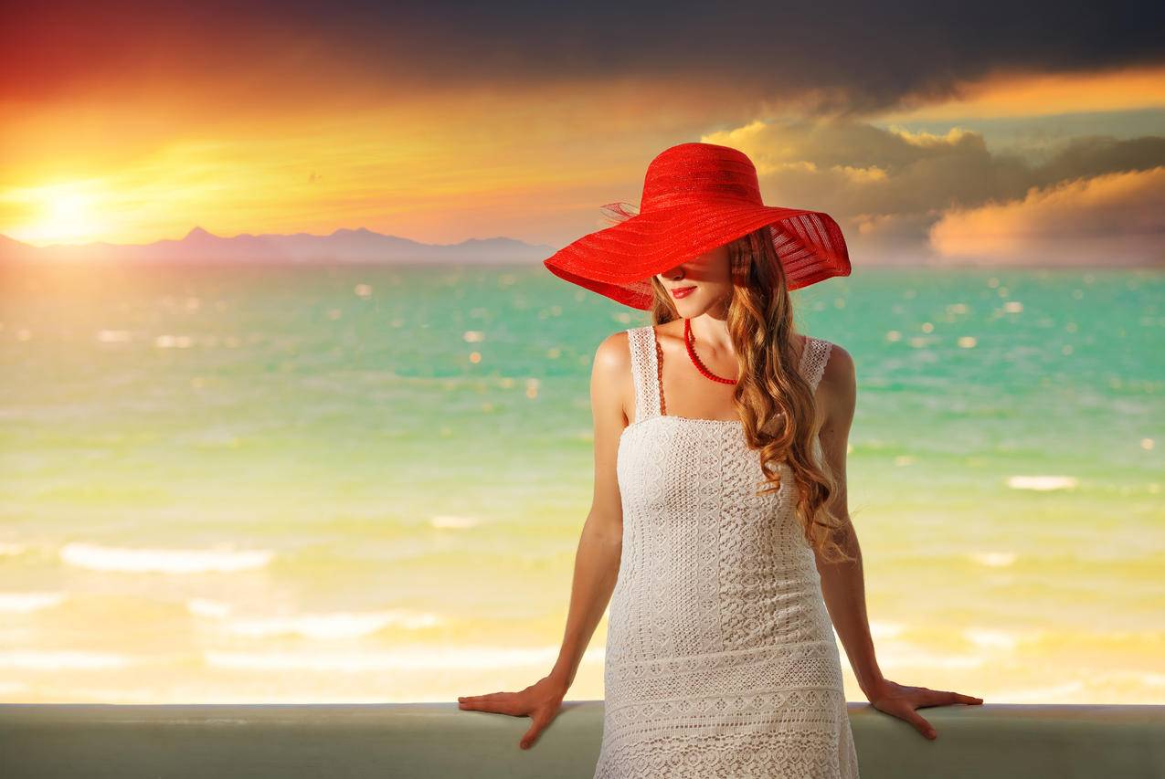 模特,帽子,海边,日落,唯美美女5K壁纸