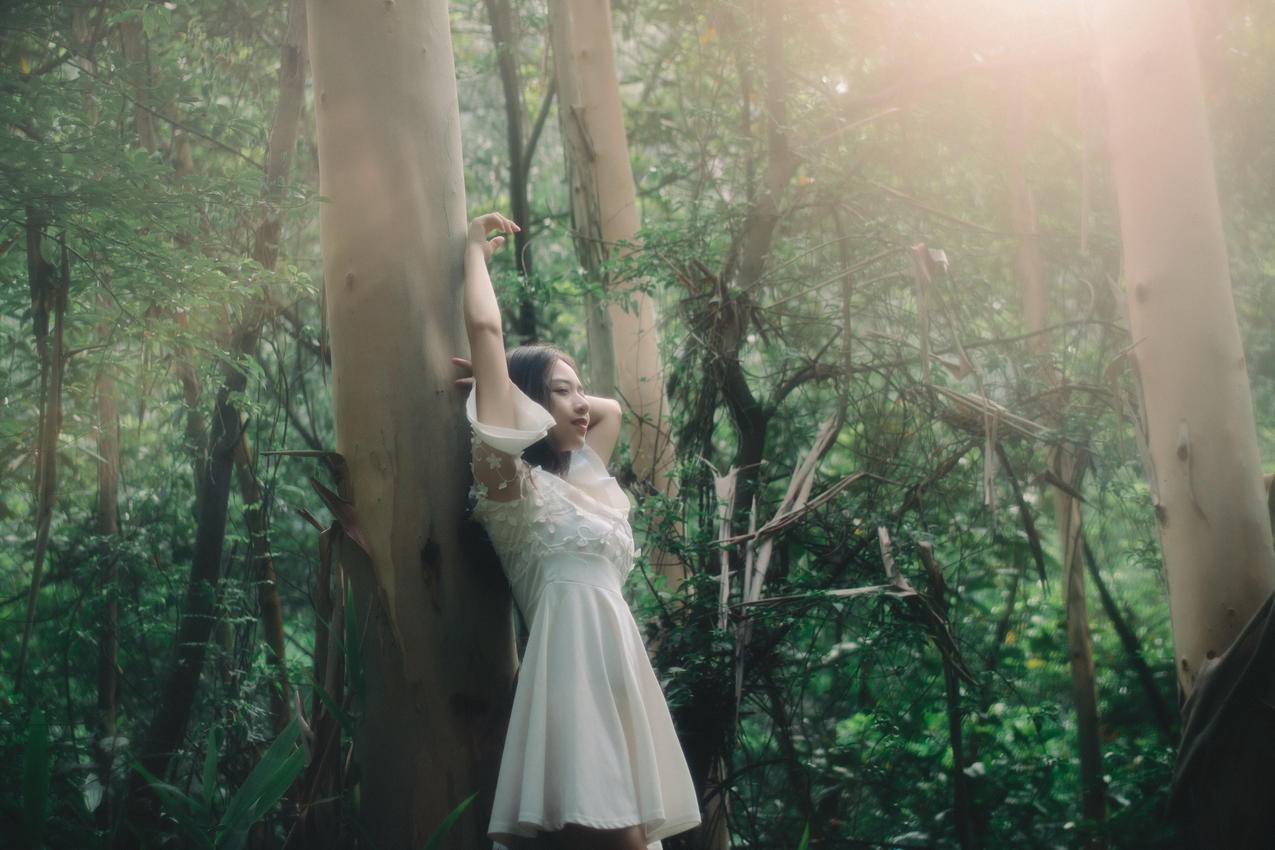 森林白色裙子美女唯美摄影4K壁纸