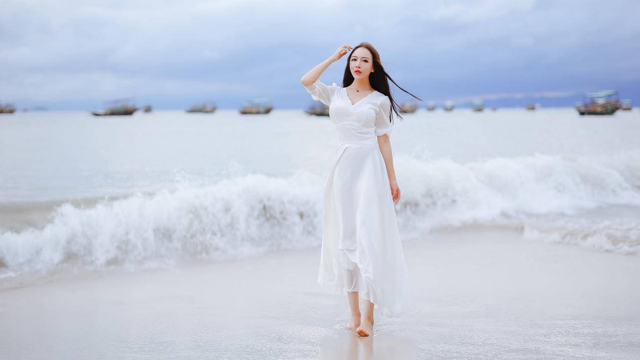 海边,海滩,白色长裙子,清纯,气质,美女4K壁纸