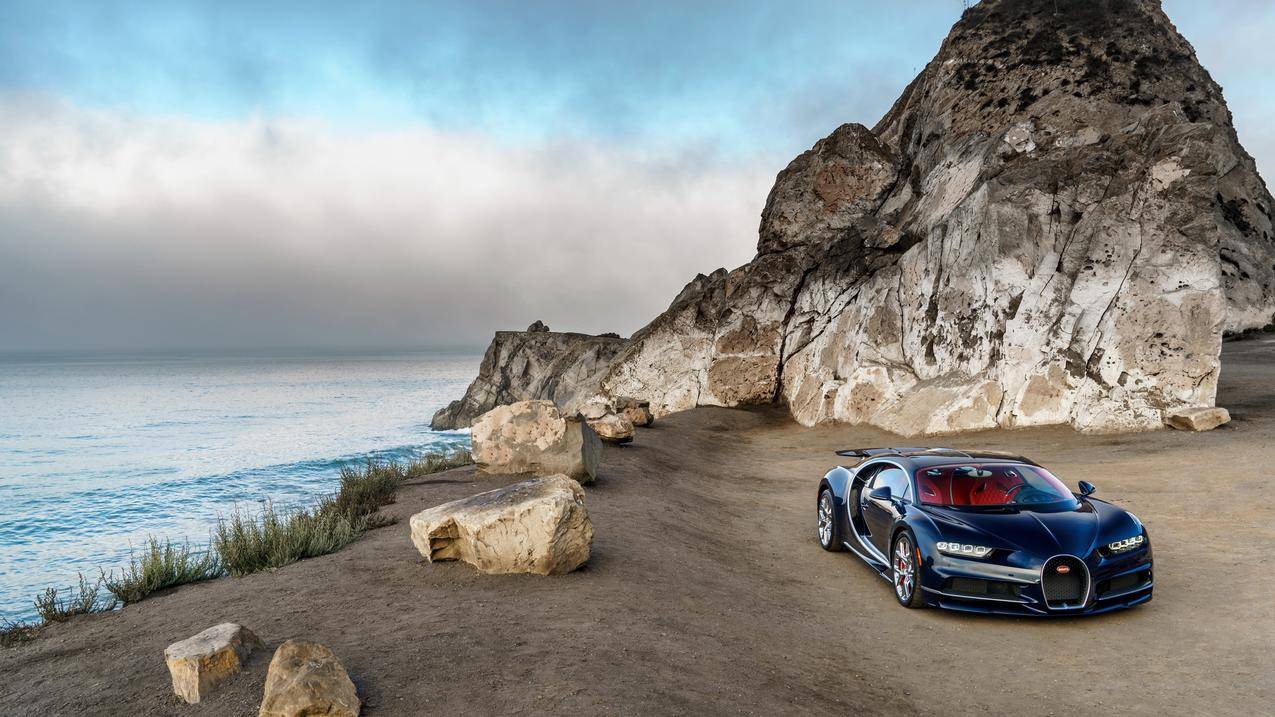 美国海岸,蓝色豪华车,布加迪跑车4K壁纸