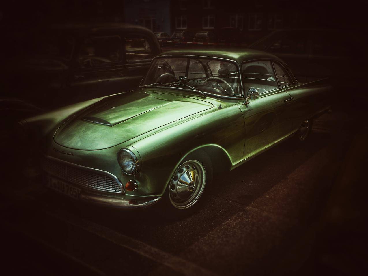 黑暗,夜晚,绿色旧汽车,4k图片