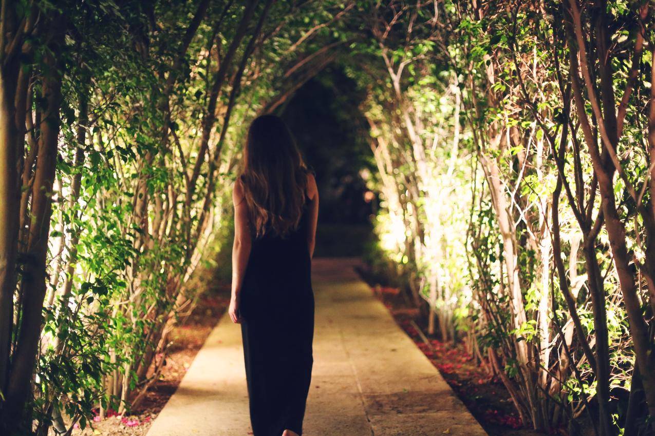 晚上,树木,小道,拱形,美女,黑色裙子,4K图片