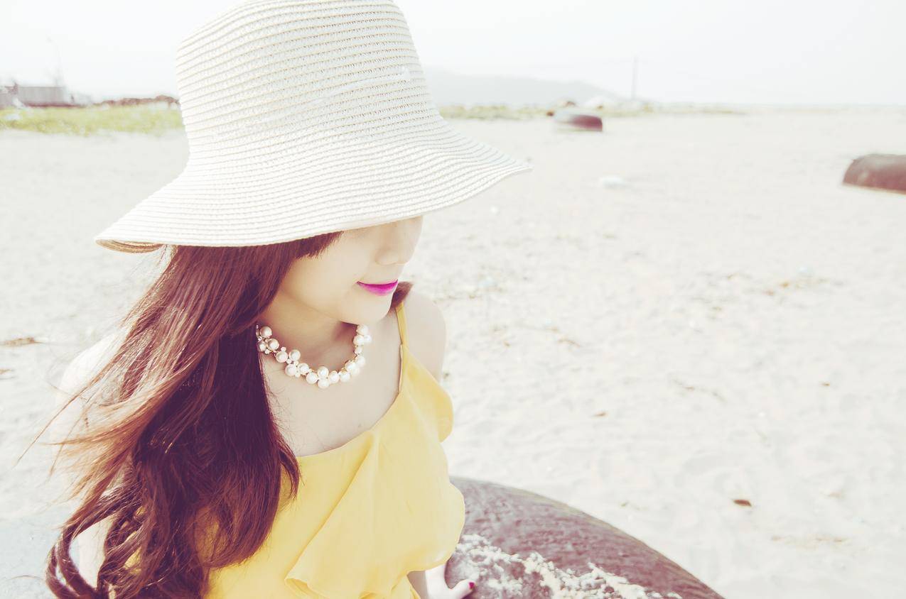 女孩,日落,夏天,海滩,女子,帽子,4K壁纸