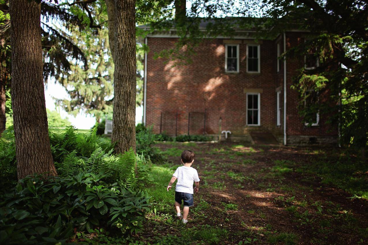 小男孩,房屋,叶子,花园,5k图片