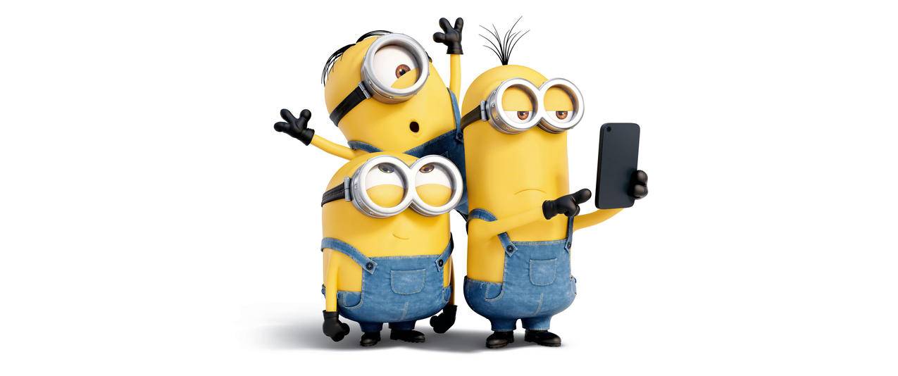 三个可爱小黄人,可爱表情,手势,手机,小黄人3440x1440壁纸