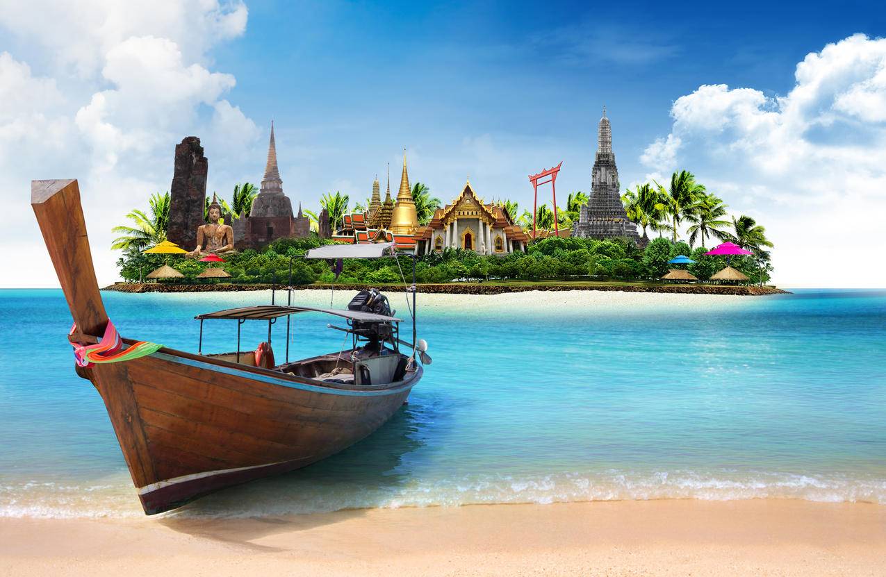 泰国风景,小岛,船,寺庙,佛像,4K壁纸