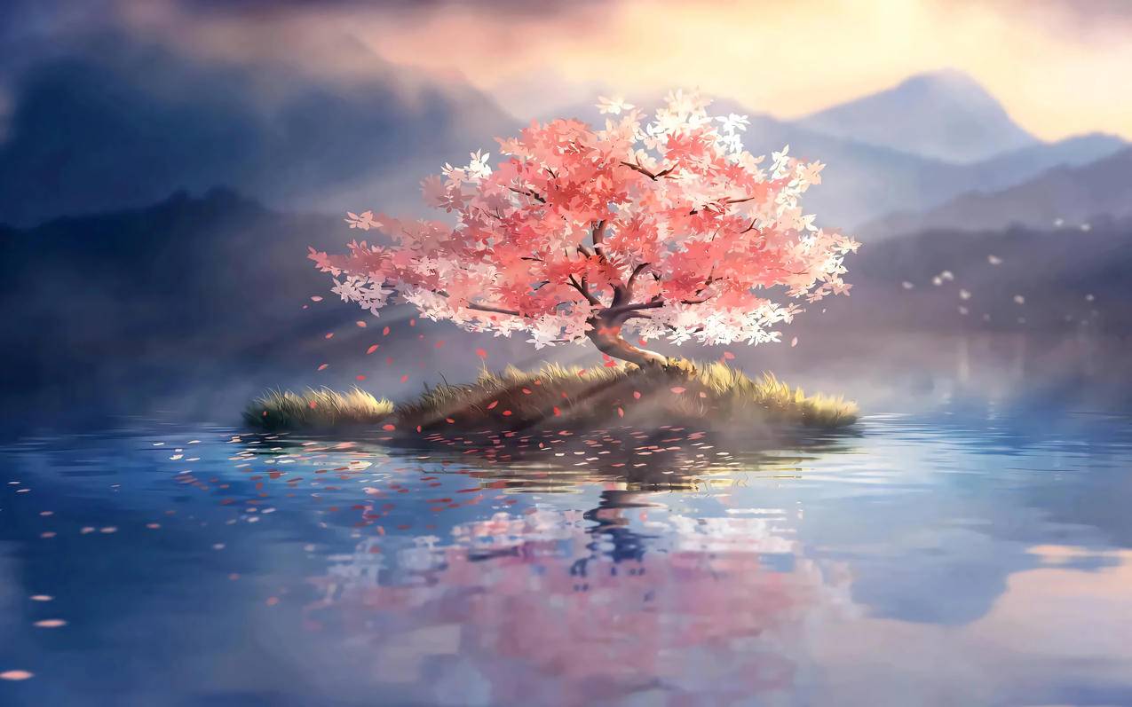 孤独的树 湖中央 一棵红叶树 4K风景壁纸 3840x2400