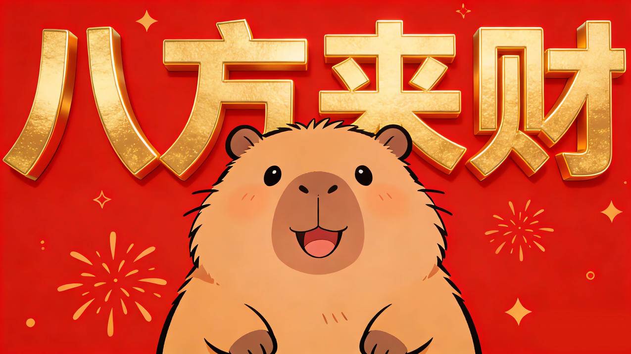 八方来财 卡皮巴拉卡通图片 红色背景 新年4K壁纸