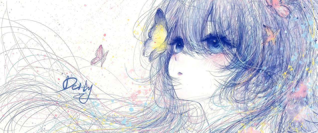 少女发丝 蝴蝶 彩铅画3440x1440带鱼屏壁纸