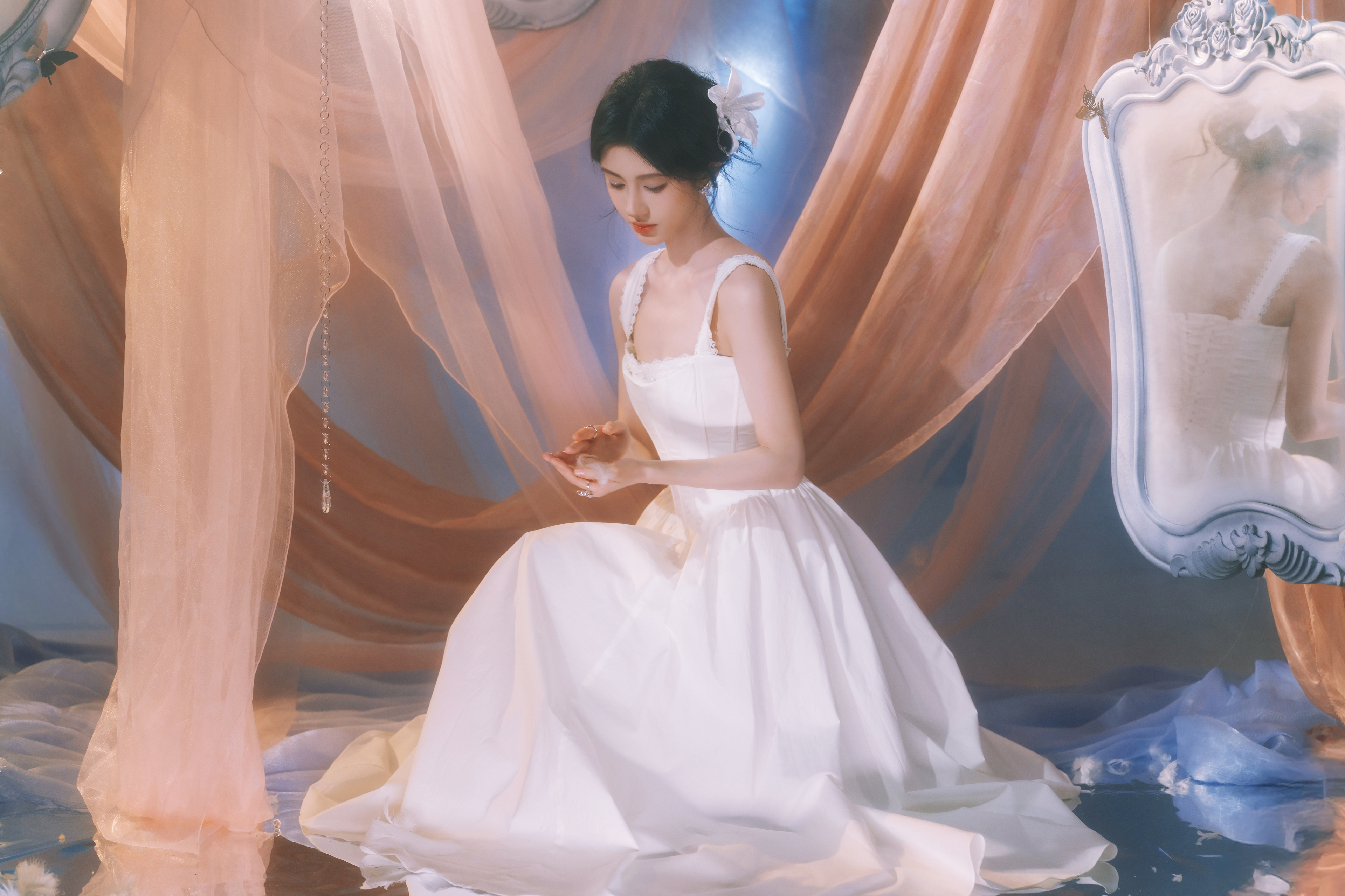 白色裙子,靓丽美女,鞠婧祎,4K高清壁纸,3840x2560