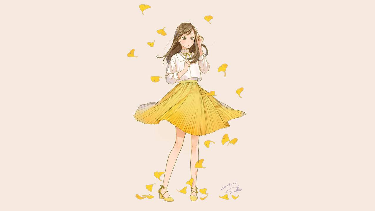 少女,黄色裙子,秋天,秋叶,简约,4K动漫壁纸