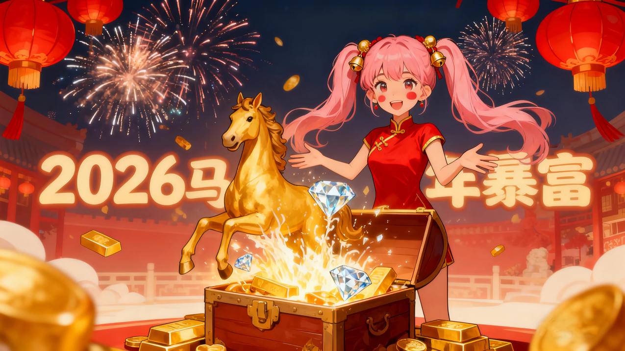 2026马年暴富 女孩马尾辫 灯笼 烟花 4k壁纸