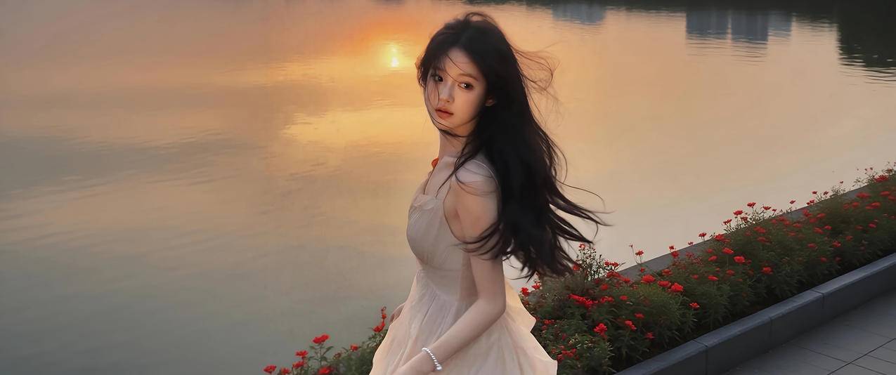 美女回眸 湖水倒影3440x1440带鱼屏壁纸