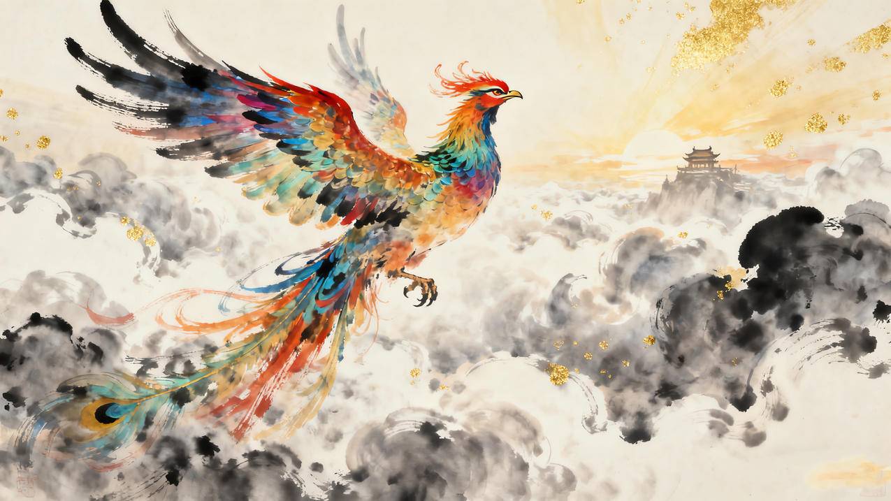 凤凰飞上九重天 天空 云 水墨画 4k壁纸