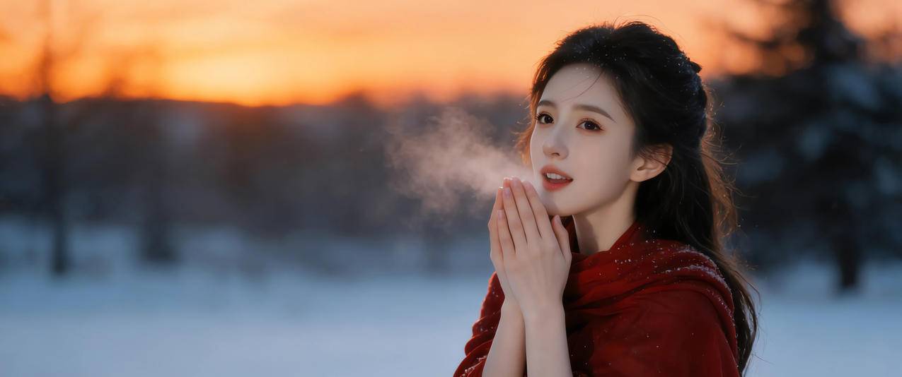 冬天红衣美女3440x1440带鱼屏壁纸免费