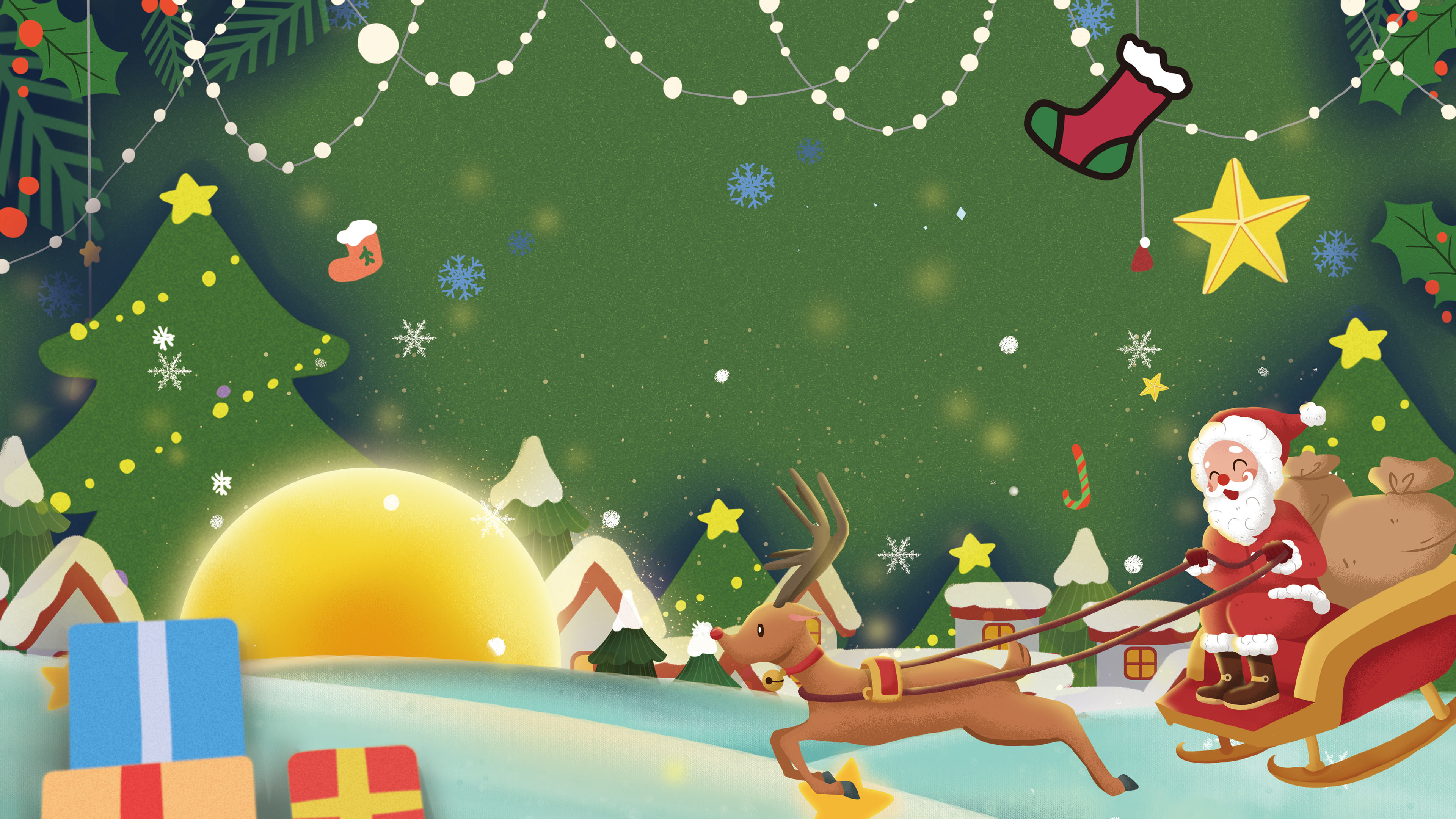 手绘圣诞节平安夜雪橇,圣诞老人,圣诞树,圣诞鹿4k高清壁纸3840x2160