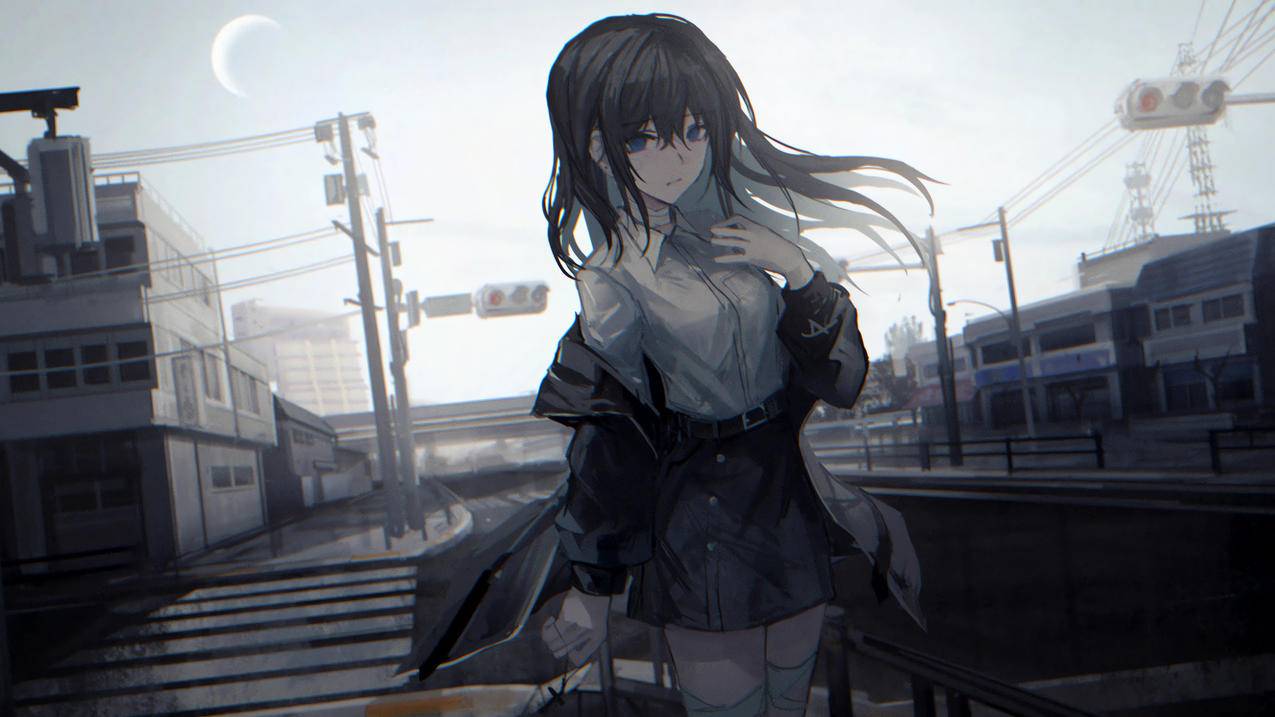 动漫女生 街道 路口 红绿灯 暗色 4K壁纸3840x2160