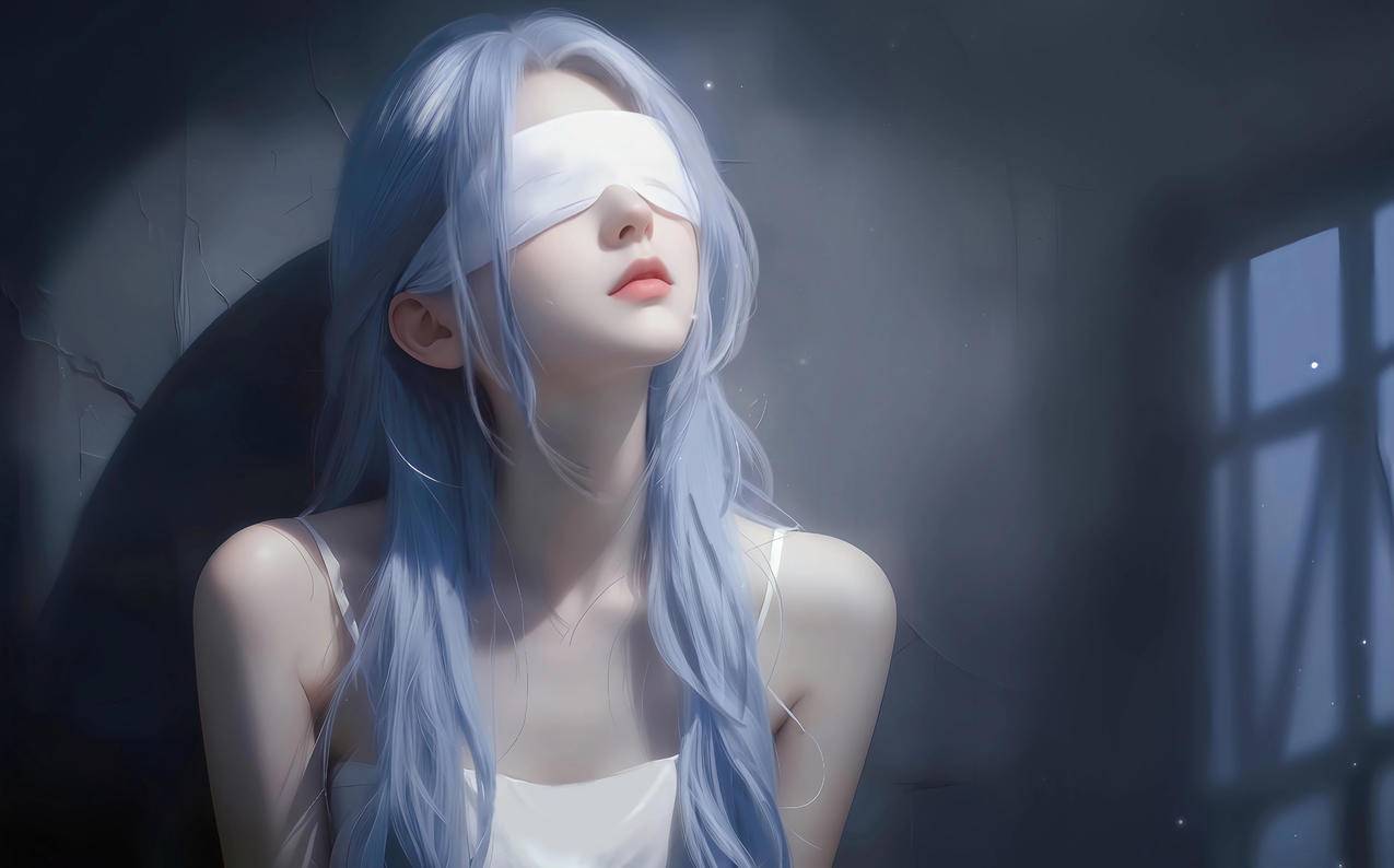 美女白衣服 眼罩 蒙眼 蓝发美女 4K壁纸