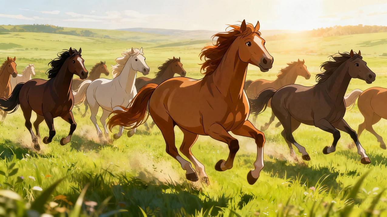 绿草地奔跑的骏马图片4k壁纸