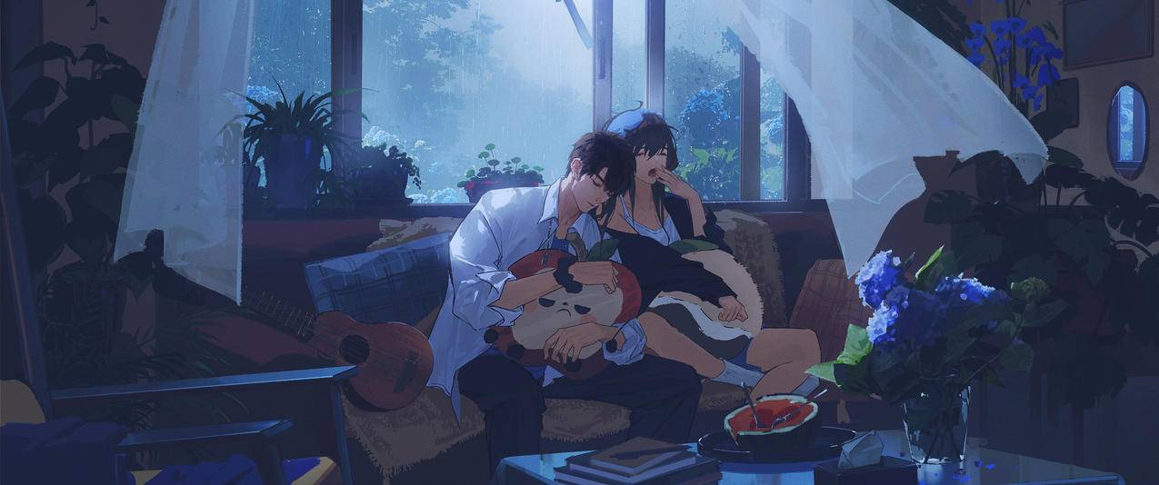 动漫男孩 女孩 打哈欠 客厅 窗 3440x1440带鱼屏壁纸